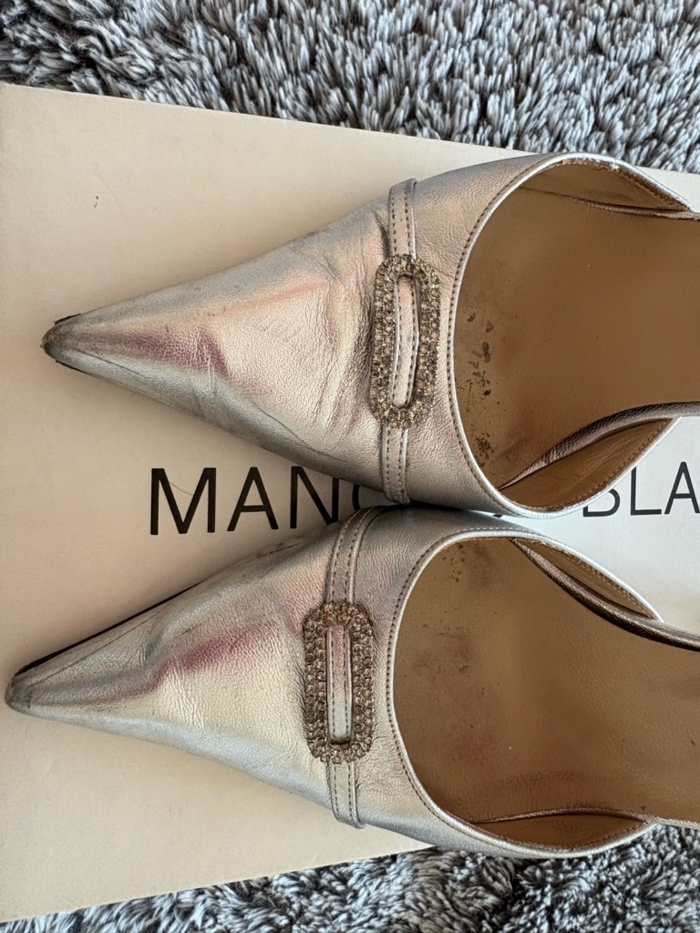 Manolo Blahnik Trolopado Silver Nappa Leather D'Orsay Pumps with Crystal Buckle. - Picture 2 of 15